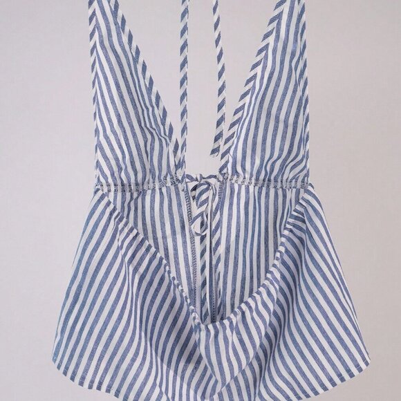 Blue white Casual Women's Striped Halter Neck Tie Cami Top - Picture 2 of 8